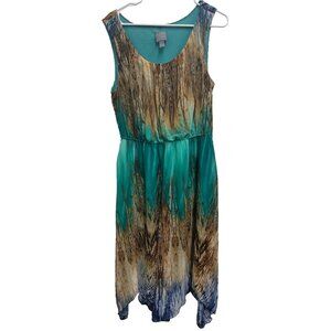 Rabbit Rabbit Rabbit Designs Womens Asymmetric Midi Dress Sz 14 Teal Brown Artsy